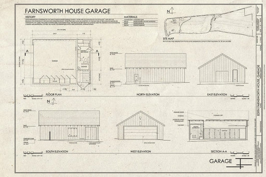 Blueprint Site Map, Floor Plan, Elevations, and Sections - Edith Farnsworth House, Garage, 14520 River Road, Plano, Kendall County, IL