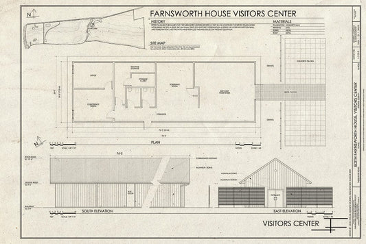 Blueprint Site Map, Plan, and South & East Elevations - Edith Farnsworth House, Visitors Center, 14520 River Road, Plano, Kendall County, IL