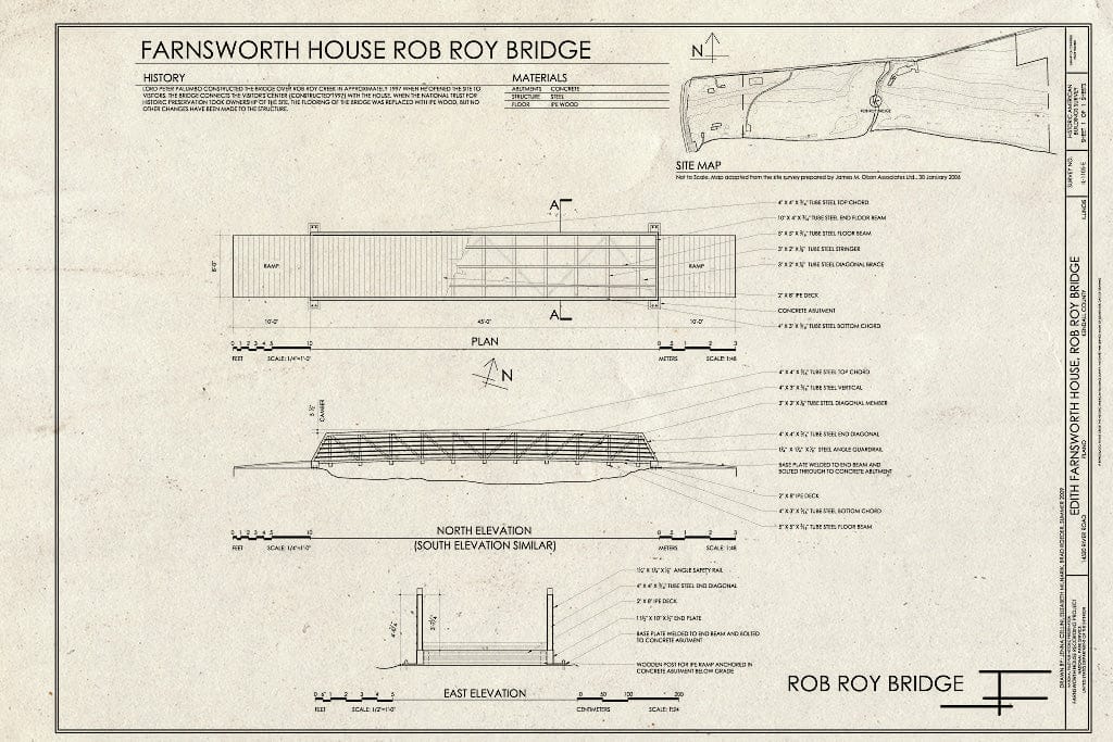 Blueprint Site Map, Plan, and North & East Elevations - Edith Farnsworth House, Rob Roy Bridge, 14520 River Road, Plano, Kendall County, IL