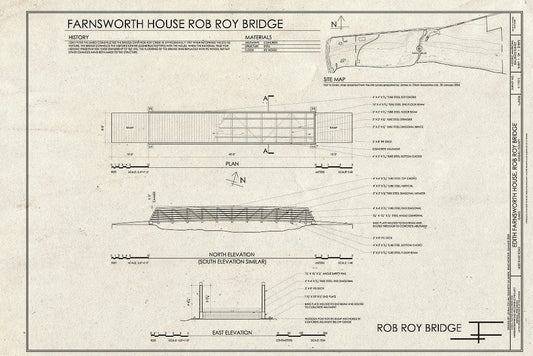 Blueprint Site Map, Plan, and North & East Elevations - Edith Farnsworth House, Rob Roy Bridge, 14520 River Road, Plano, Kendall County, IL