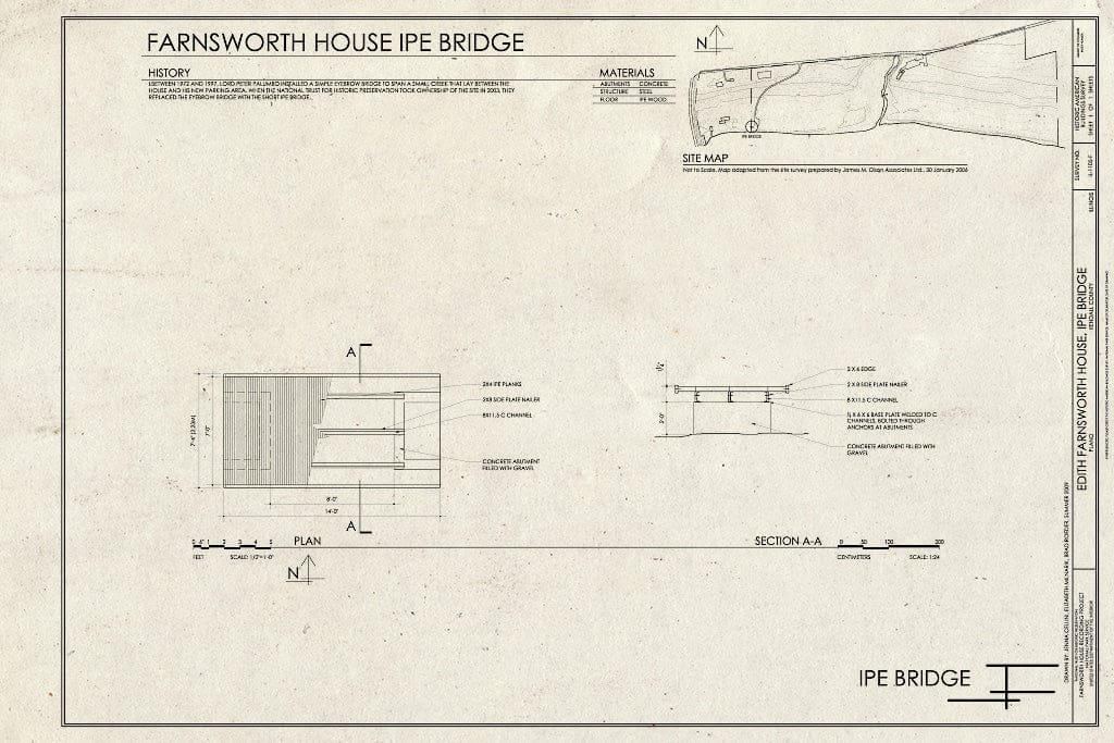 Blueprint Site Map and Plan - Edith Farnsworth House, Ipe Bridge, 14520 River Road, Plano, Kendall County, IL