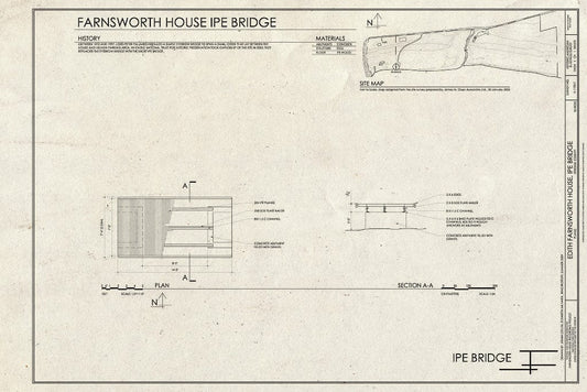 Blueprint Site Map and Plan - Edith Farnsworth House, Ipe Bridge, 14520 River Road, Plano, Kendall County, IL