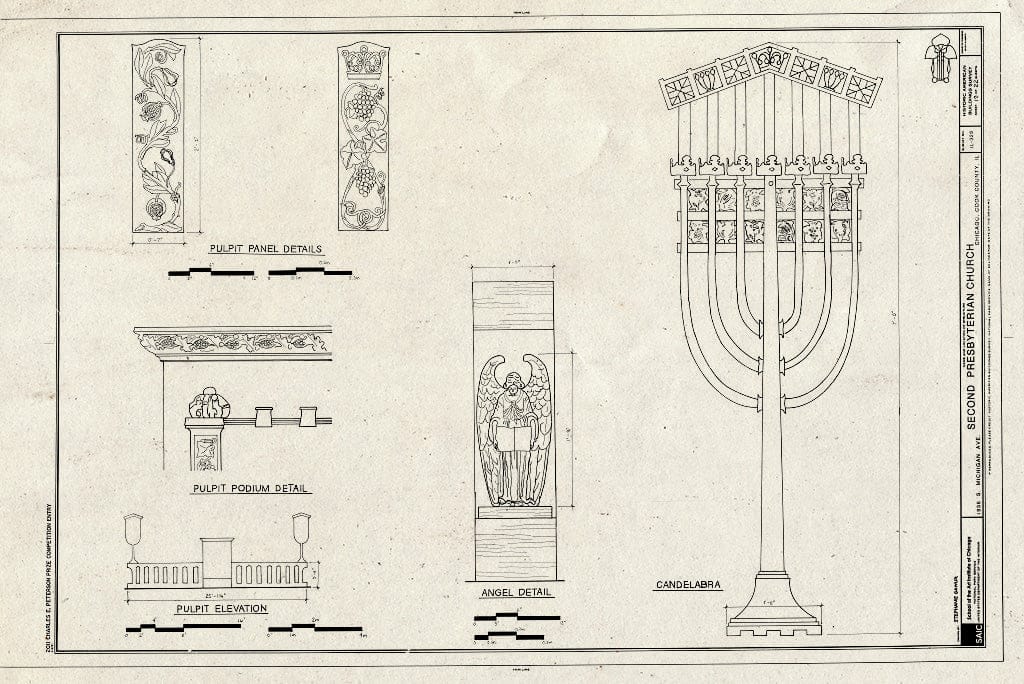 Blueprint Pulpit Details, Angel Detail, Candelabra - Second Presbyterian Church, 1936 South Michigan Avenue, Chicago, Cook County, IL