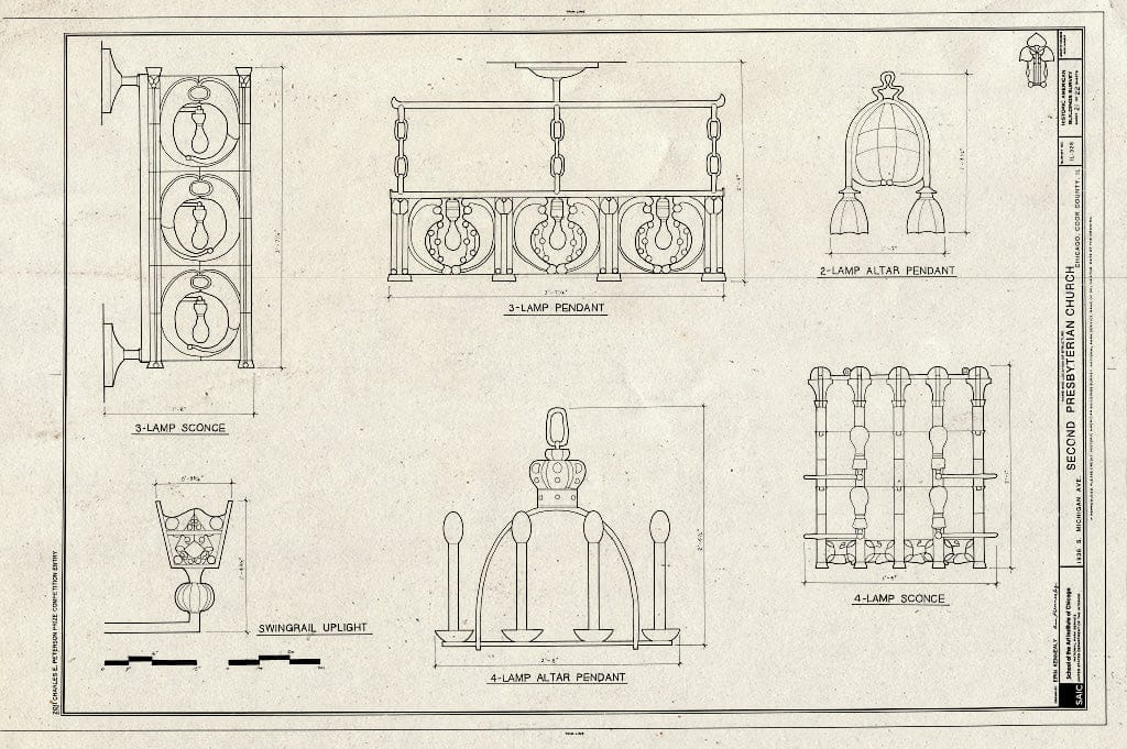 Blueprint Lamp Pendants, Sconces, and Swingrail Uplight - Second Presbyterian Church, 1936 South Michigan Avenue, Chicago, Cook County, IL