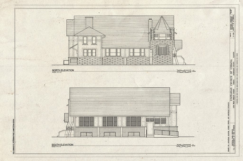 Blueprint North and South Elevations - Unitarian Church of Urbana, 1209 West Oregon Street, Urbana, Champaign County, IL