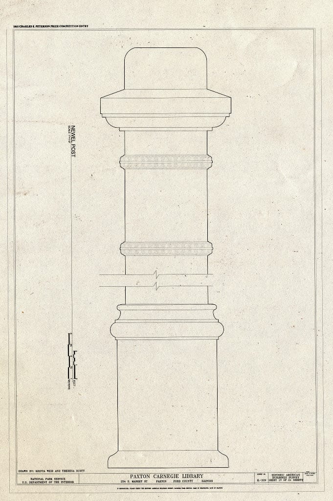 Blueprint Newel Post - Paxton Carnegie Library, 254 South Market Street, Paxton, Ford County, IL