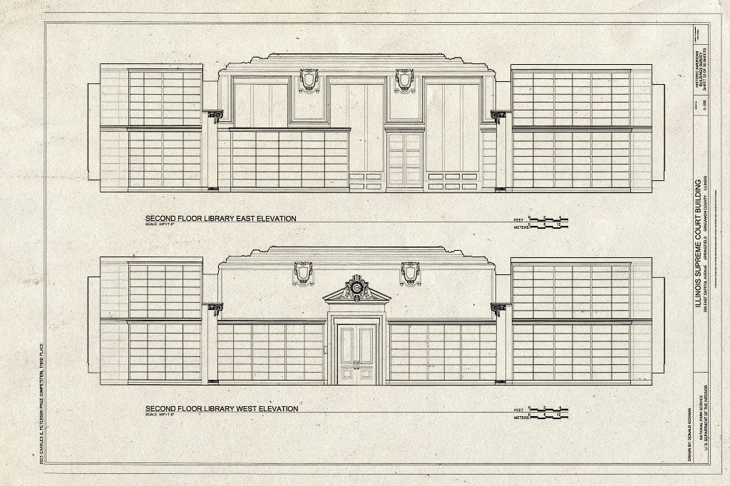 Blueprint Second Floor Library East and West Elevations - Illinois Supreme Court Building, 200 East Capitol Avenue, Springfield, Sangamon County, IL