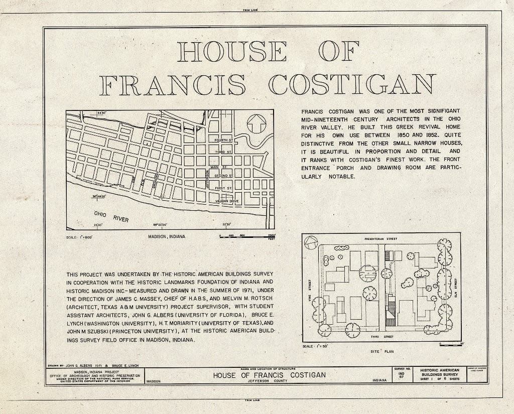 Blueprint HABS IND,39-MAD,11- (Sheet 1 of 6) - Francis Costigan House, 408 West Third Street, Madison, Jefferson County, in