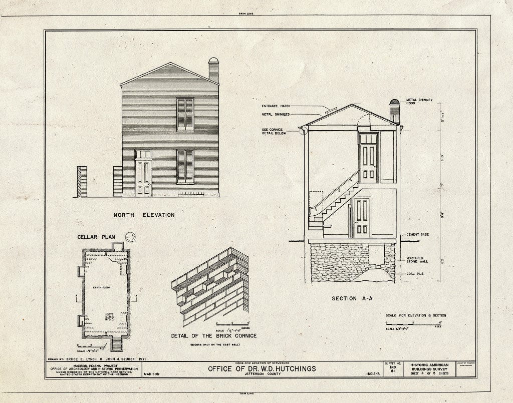 Blueprint North Elevation, Section A-A, Details, Cellar Plan - Dr. William Davies Hutchings Office, 718 West Third Street, Madison, Jefferson County, in