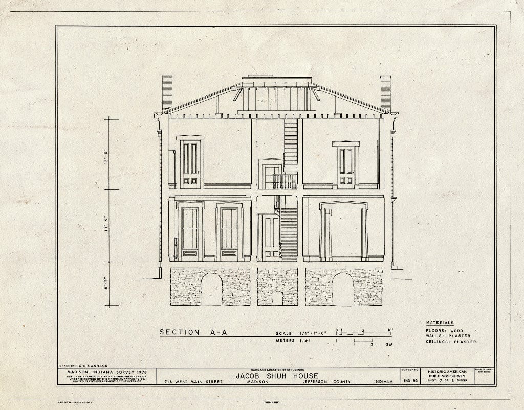 Blueprint Section A-A - Jacob Shuh House, 718 West Main Street, Madison, Jefferson County, in