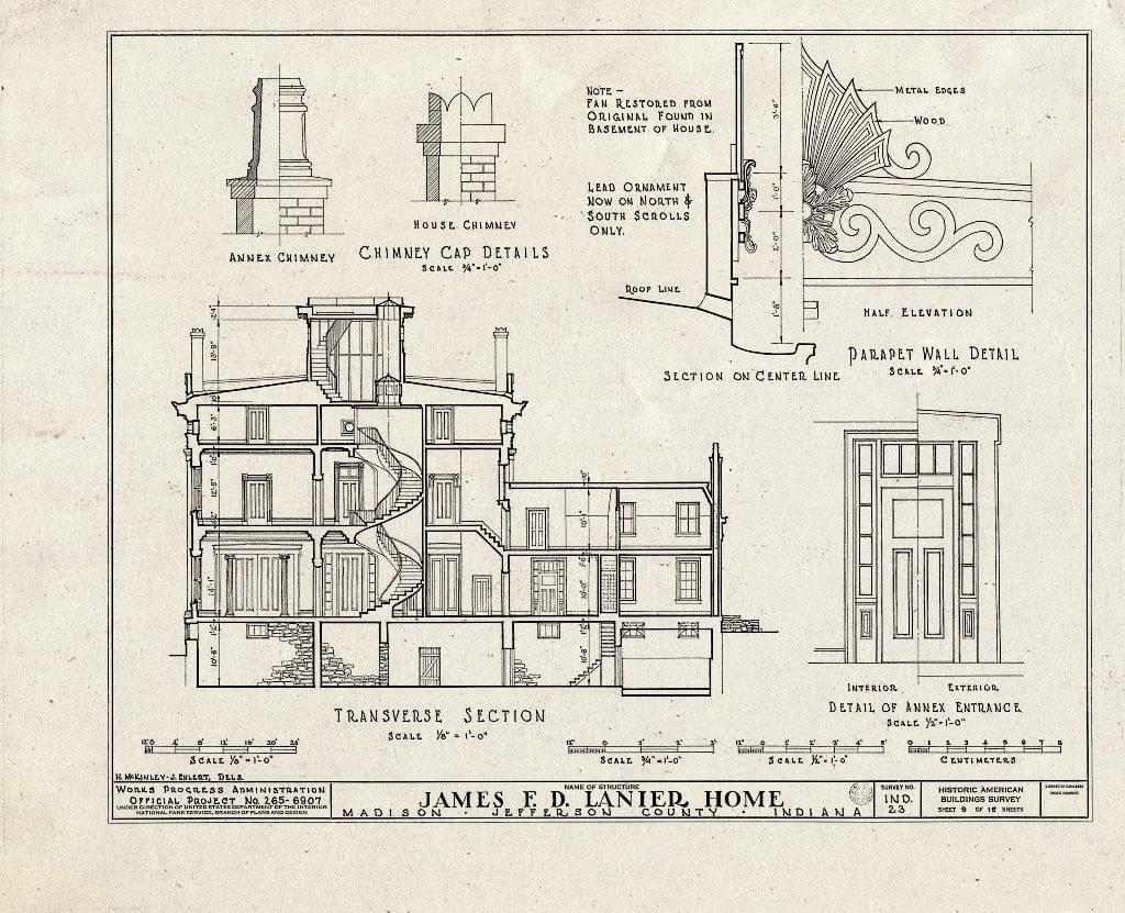 Blueprint HABS IND,39-MAD,4- (Sheet 9 of 15) - James F. D. Lanier House, 511 West First Street, Madison, Jefferson County, in