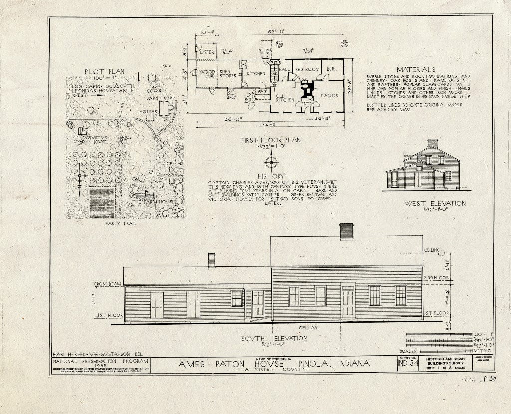 Blueprint HABS IND,46-Pino,1- (Sheet 1 of 3) - Ames-Paton House, Pinola, La Porte County, in