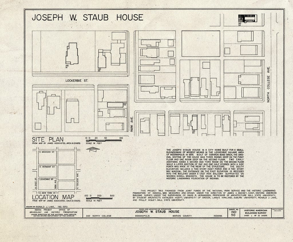 Blueprint HABS IND,49-IND,7- (Sheet 1 of 10) - Joseph W. Staub House, 342 North College Avenue, Indianapolis, Marion County, in