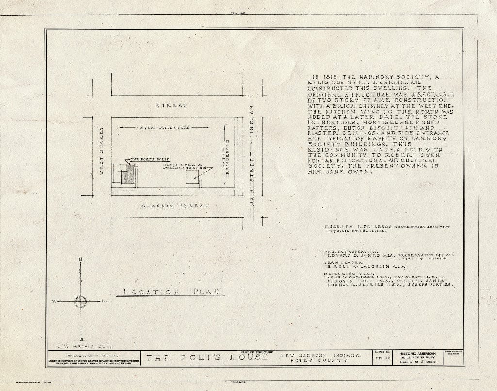 Blueprint HABS IND,65-NEHAR,8- (Sheet 1 of 5) - Poet's House, Granary & West Streets, New Harmony, Posey County, in