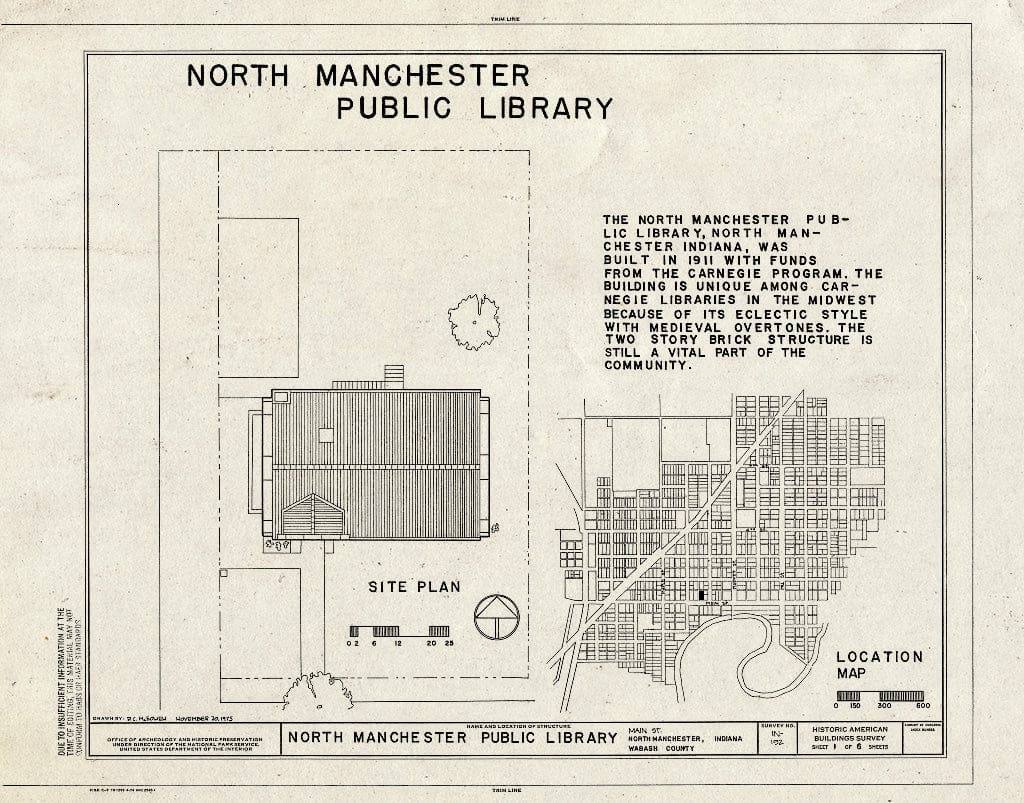 Blueprint HABS IND,85-Mano,1- (Sheet 1 of 6) - North Manchester Public Library, Main Street, North Manchester, Wabash County, in