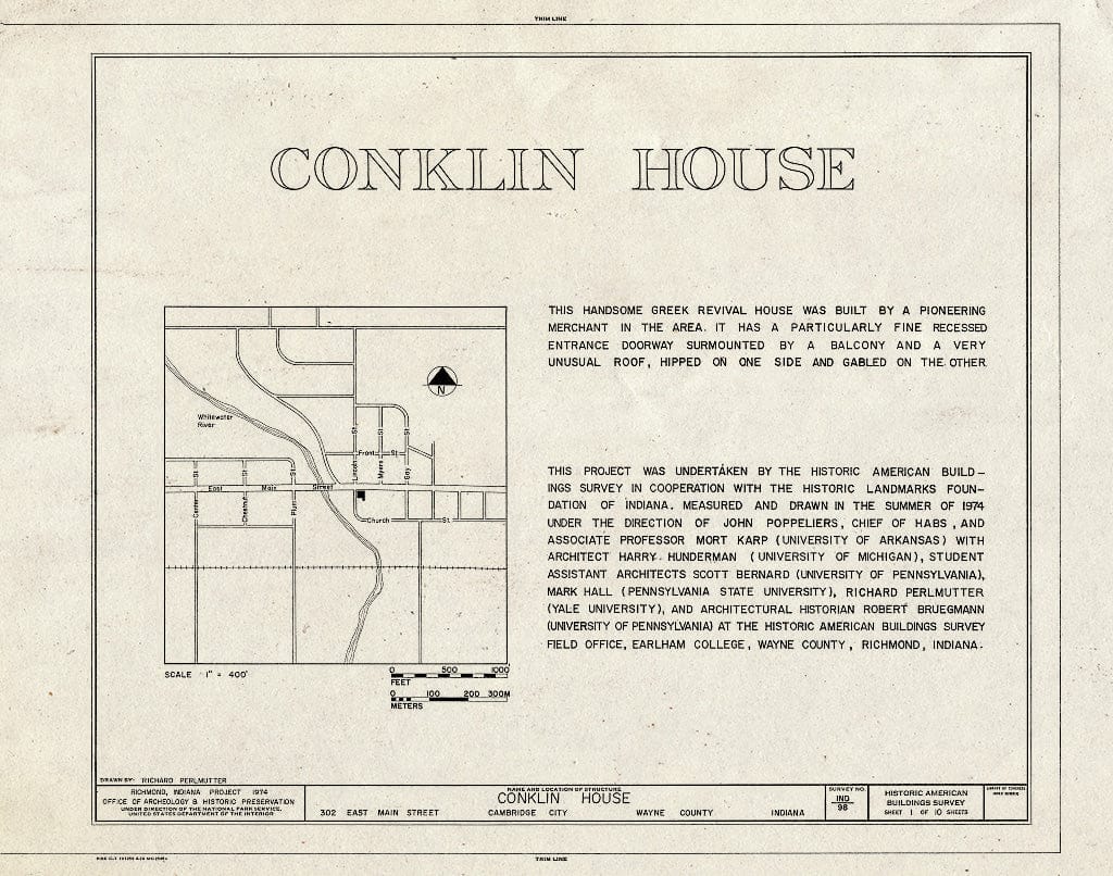 Blueprint HABS IND,89-CAMB,1- (Sheet 1 of 10) - Benjamin Conklin House, 302 East Main Street, Cambridge City, Wayne County, in