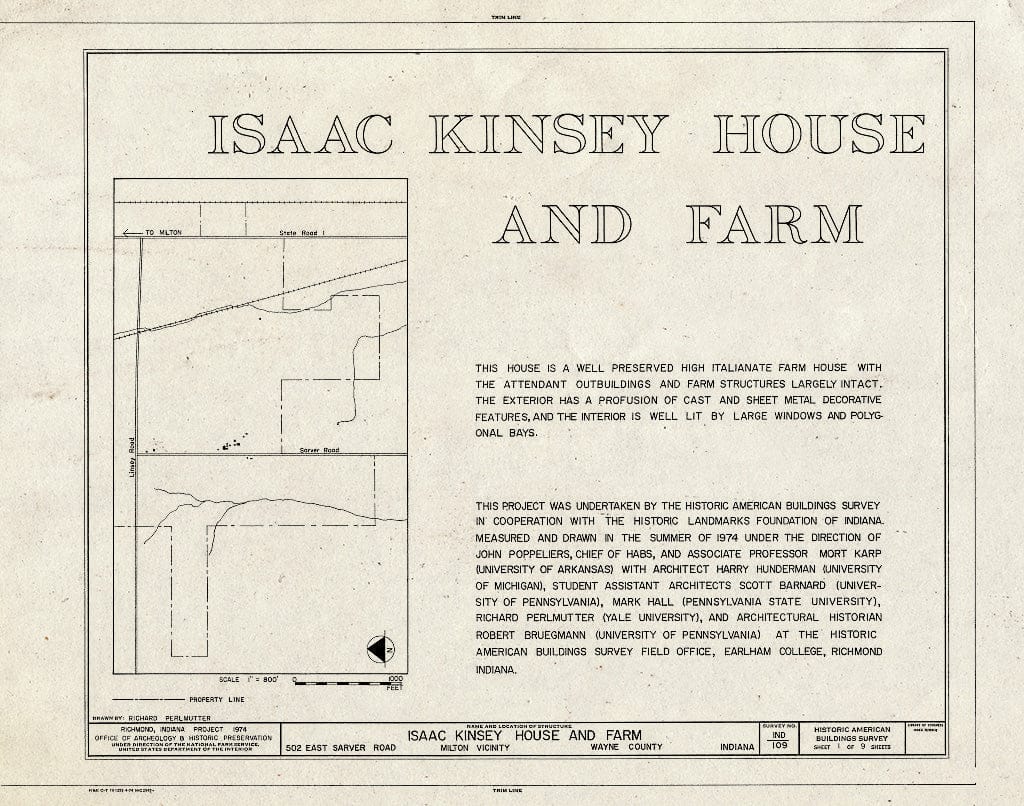 Blueprint HABS IND,89-Milt.V,1- (Sheet 1 of 9) - Isaac Kinsey House & Farm, 502 East Sarver Road, Milton, Wayne County, in