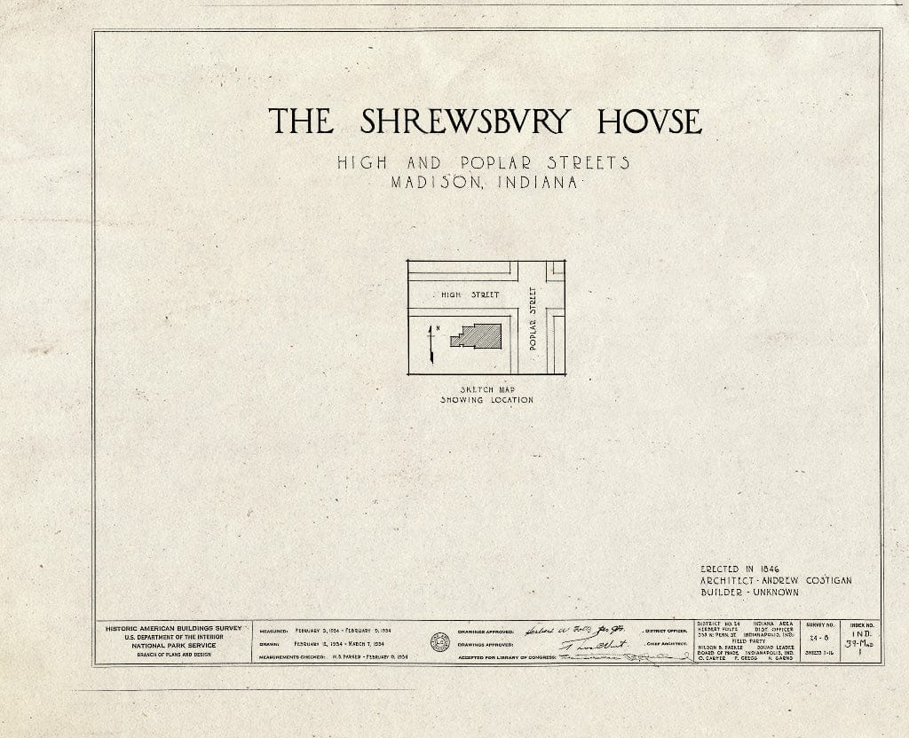 Blueprint HABS IND,39-MAD,1- (Sheet 0 of 16) - Captain Charles L. Shrewsbury House, 301 West First Street (High & Poplar Streets), Madison, Jefferson County, in