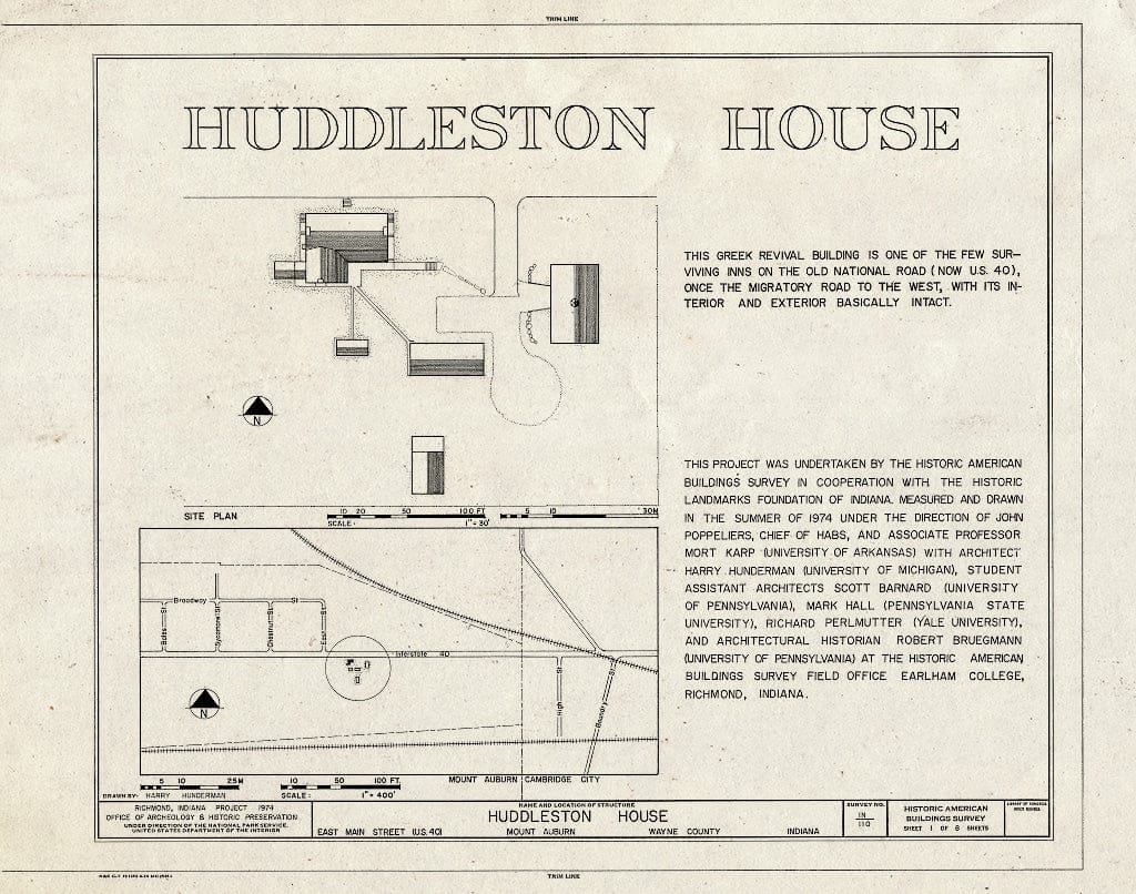 Blueprint HABS IND,89-MAUB,1- (Sheet 1 of 8) - Huddleston House, East Main Street (U.S. Route 40), Mount Auburn, Wayne County, in