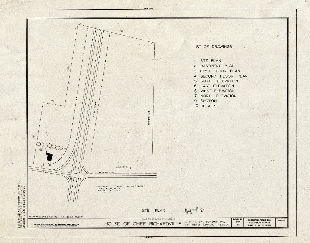 Blueprint HABS IND,35-Hunt,1- (Sheet 1 of 10) - Chief Richardville House, U.S. Route 24, Huntington, Huntington County, in
