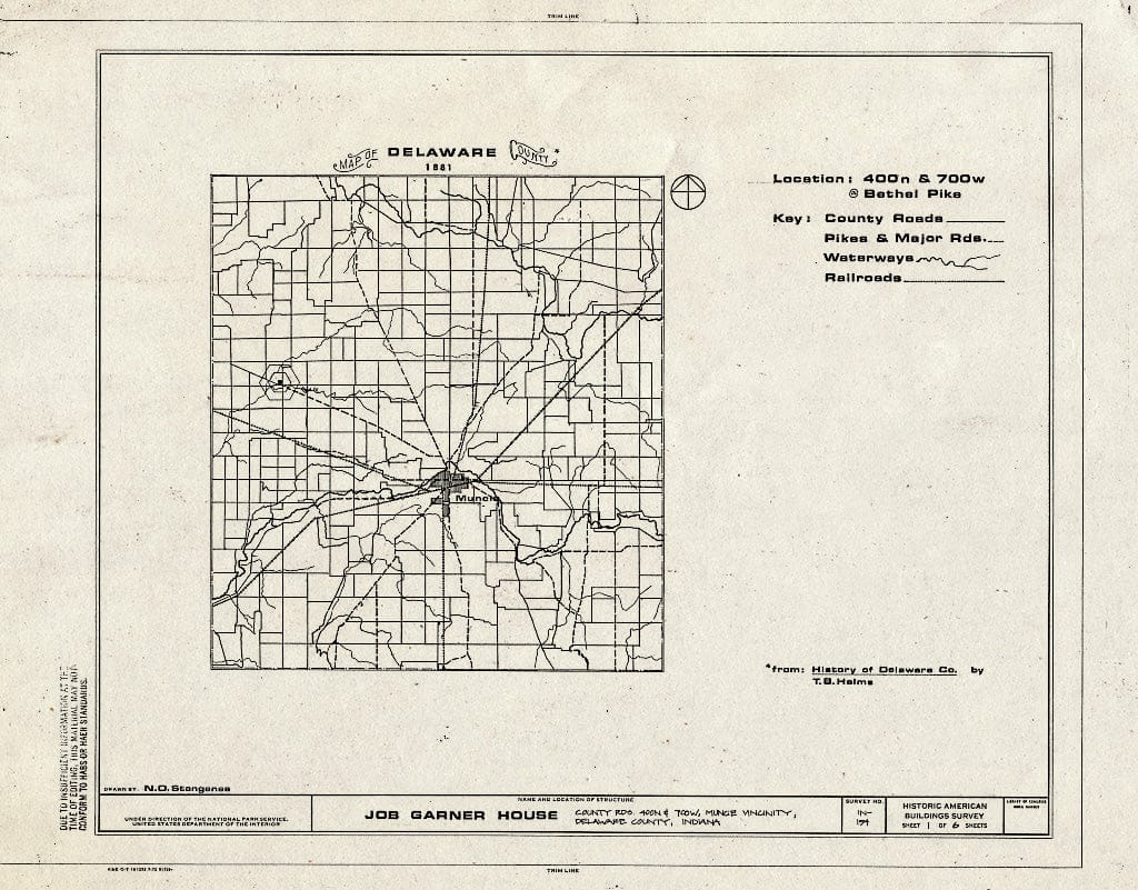 Blueprint HABS IND,18-MUNCI.V,1- (Sheet 1 of 6) - Job Garner House, County Roads 400 N & 700 W, Muncie, Delaware County, in
