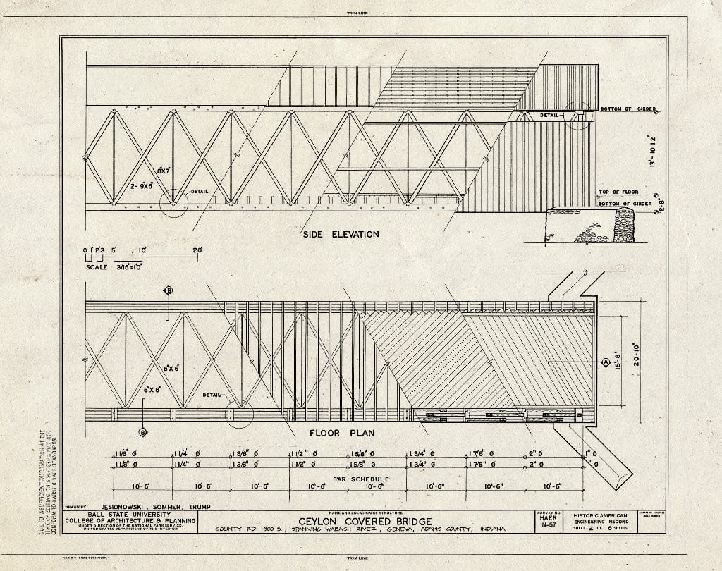 Blueprint Side Elevation, Floor Plan - Ceylon Covered Bridge, Limberlost Park, Spanning Wabash River at County Road 900 South, Geneva, Adams County, in