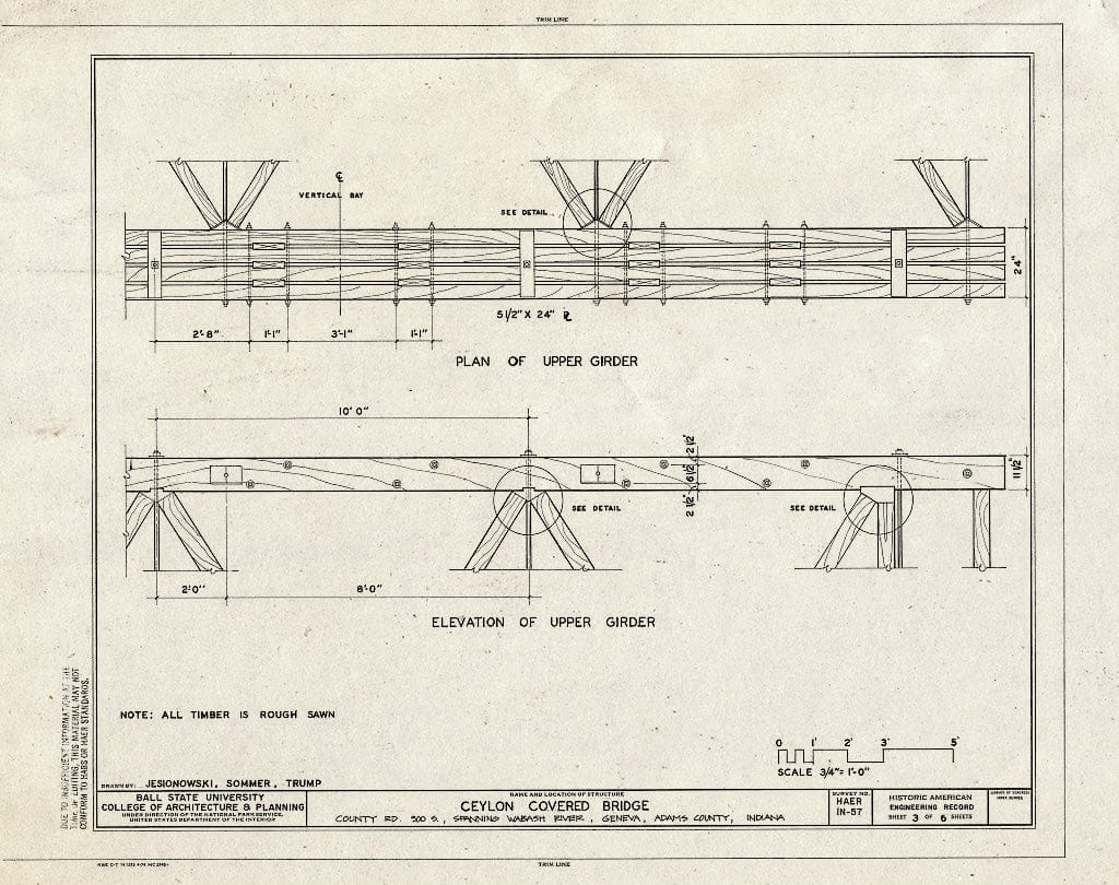 Blueprint Plan of Upper Girder, Elevation of Upper Girder - Ceylon Covered Bridge, Limberlost Park, Spanning Wabash River at County Road 900 South, Geneva, Adams County, in