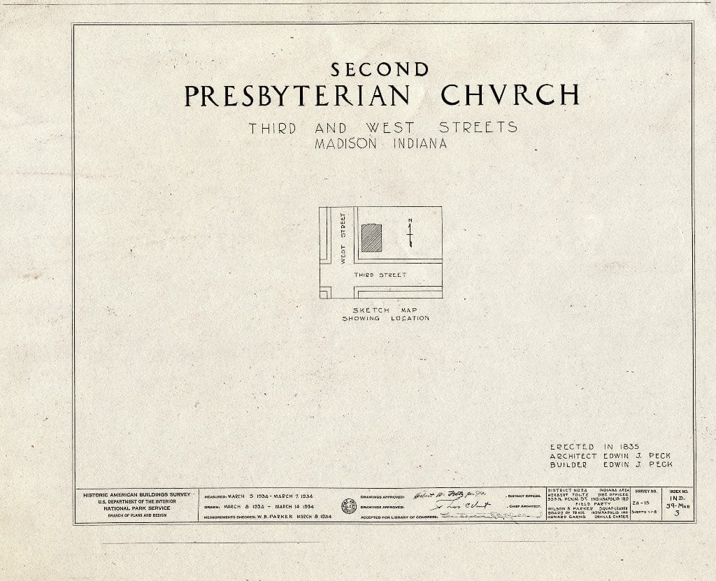 Blueprint HABS IND,39-MAD,3- (Sheet 0 of 8) - Second Presbyterian Church, 500 West Street, Madison, Jefferson County, in