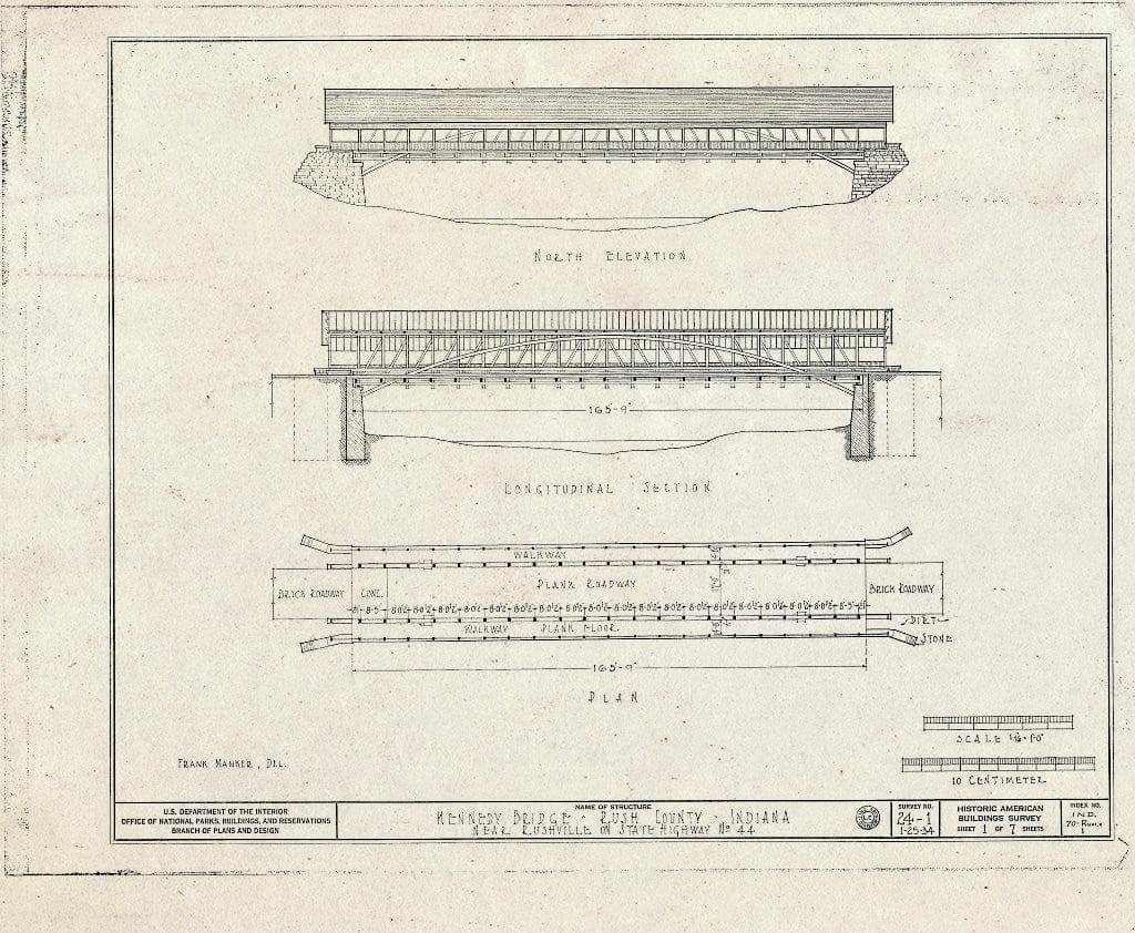 Blueprint North Elevation, Longitudinal Section, Plan - Kennedy Bridge, Spanning Flat Rock River at State Route 44, Rushville, Rush County, in