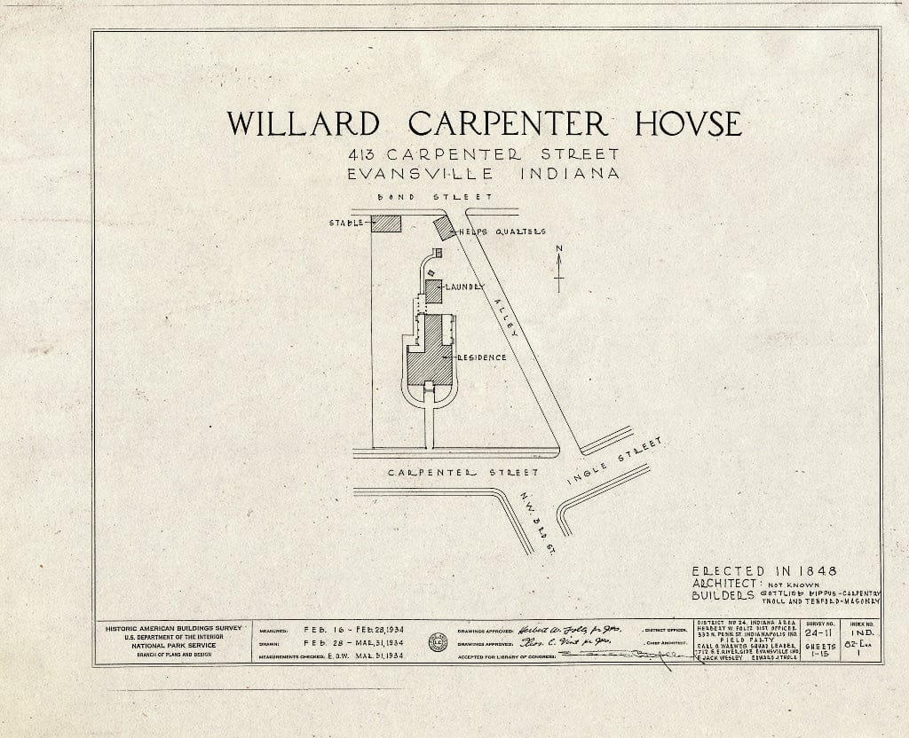 Blueprint HABS IND,82-EVA,1- (Sheet 0 of 15) - Willard Carpenter House, 413 Carpenter Street, Evansville, Vanderburgh County, in