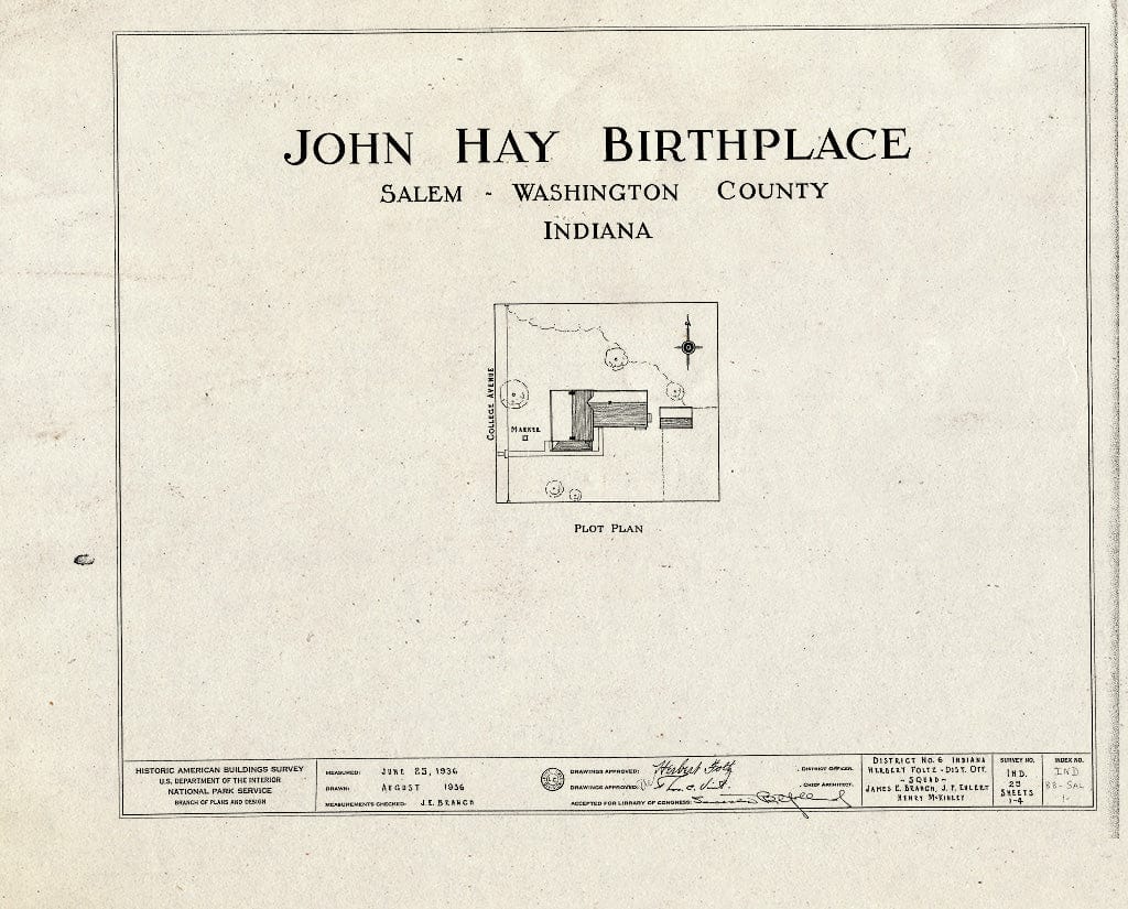 Blueprint HABS IND,88-SAL,1- (Sheet 0 of 4) - John Hay Birthplace, College Avenue, Salem, Washington County, in