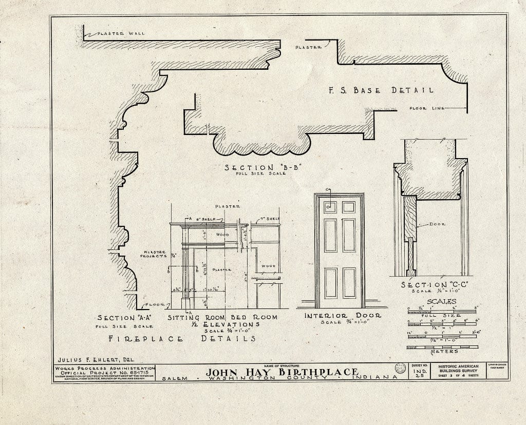 Blueprint HABS IND,88-SAL,1- (Sheet 3 of 4) - John Hay Birthplace, College Avenue, Salem, Washington County, in