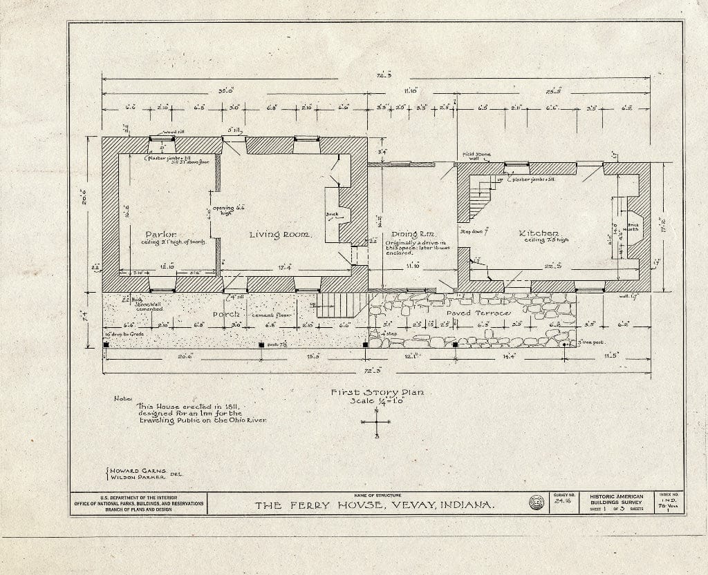 Blueprint HABS IND,78-VEVA,1- (Sheet 1 of 3) - Ferry House, Ohio River Vicinity, Vevay, Switzerland County, in