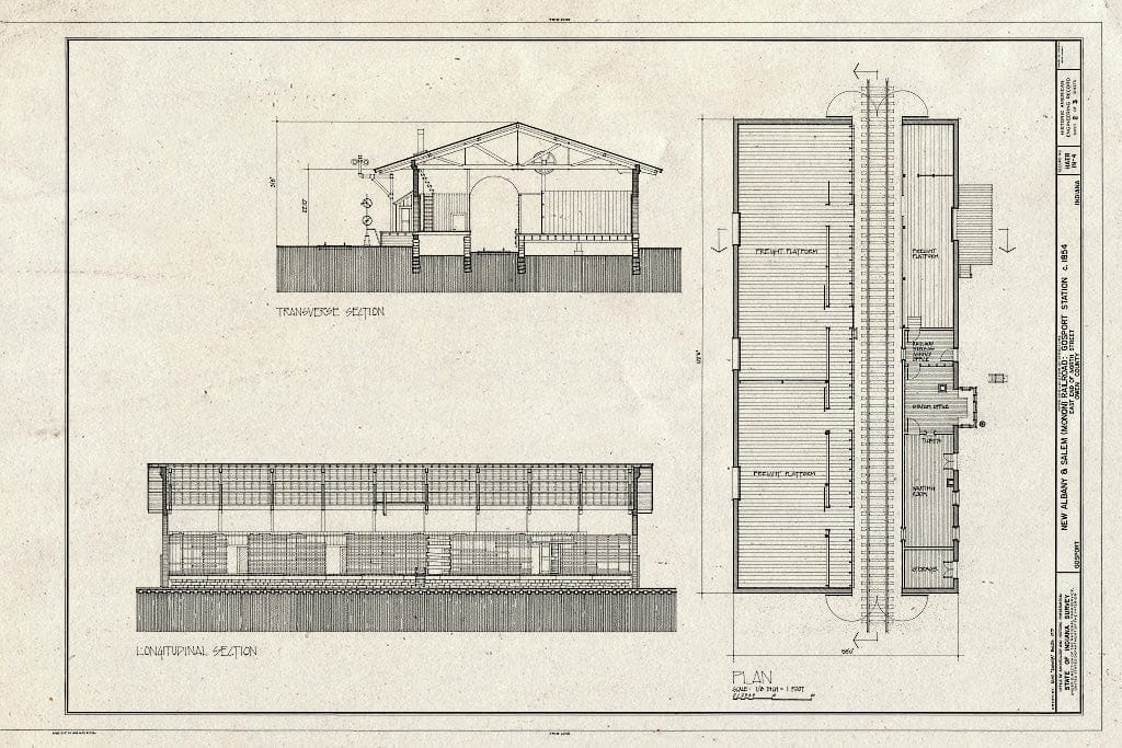 Blueprint Plan; Transverse and Longitudinal Sections - New Albany & Salem Railroad, North Street, Gosport, Owen County, in