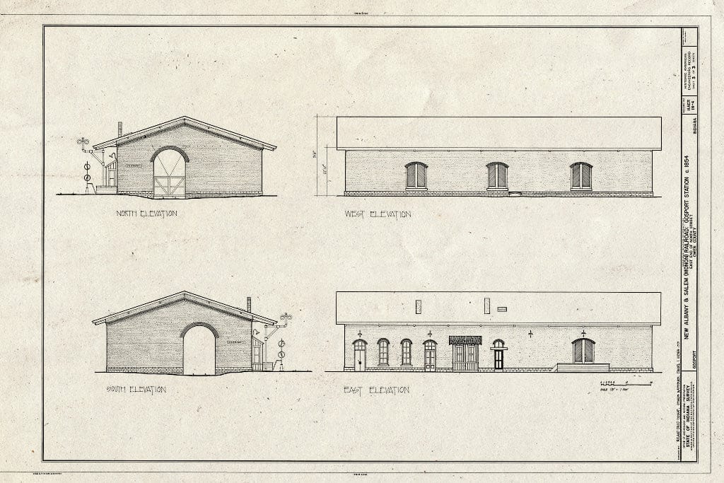 Blueprint North, South, East, and west elevations - New Albany & Salem Railroad, North Street, Gosport, Owen County, in