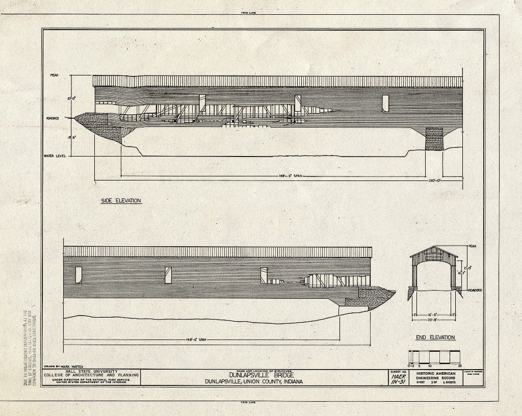 Blueprint Side Elevation, End Elevation, Dunlapsville Covered Bridge, Spanning East Fork Whitewater River, Dunlapsville, Union County, in