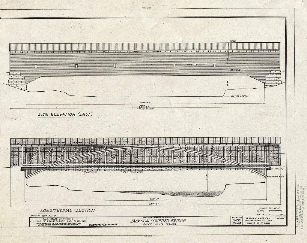 Blueprint Side Elevation (East), Longitudinal Section - Jackson Covered Bridge, Spanning Sugar Creek, CR 775N (Changed from Spanning Sugar Creek), Bloomingdale, Parke County, IN