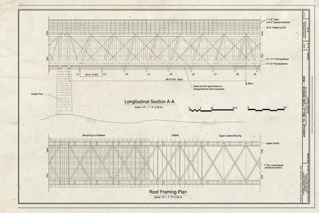Blueprint Longitudinal Section A-A, Roof Framing Plan - Bells Ford Bridge, Spanning East Fork White River at State Route 258, Seymour, Jackson County, in