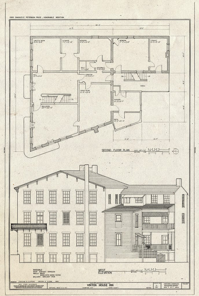 Blueprint Second Floor Plan and West Elevation - Vinton House Inn, National Road (U.S. Route 40), Cambridge City, Wayne County, in