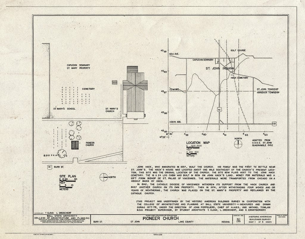 Blueprint HABS IND,45-SJOH,1- (Sheet 1 of 3) - Pioneer Church, Burr Street, Saint John, Lake County, in