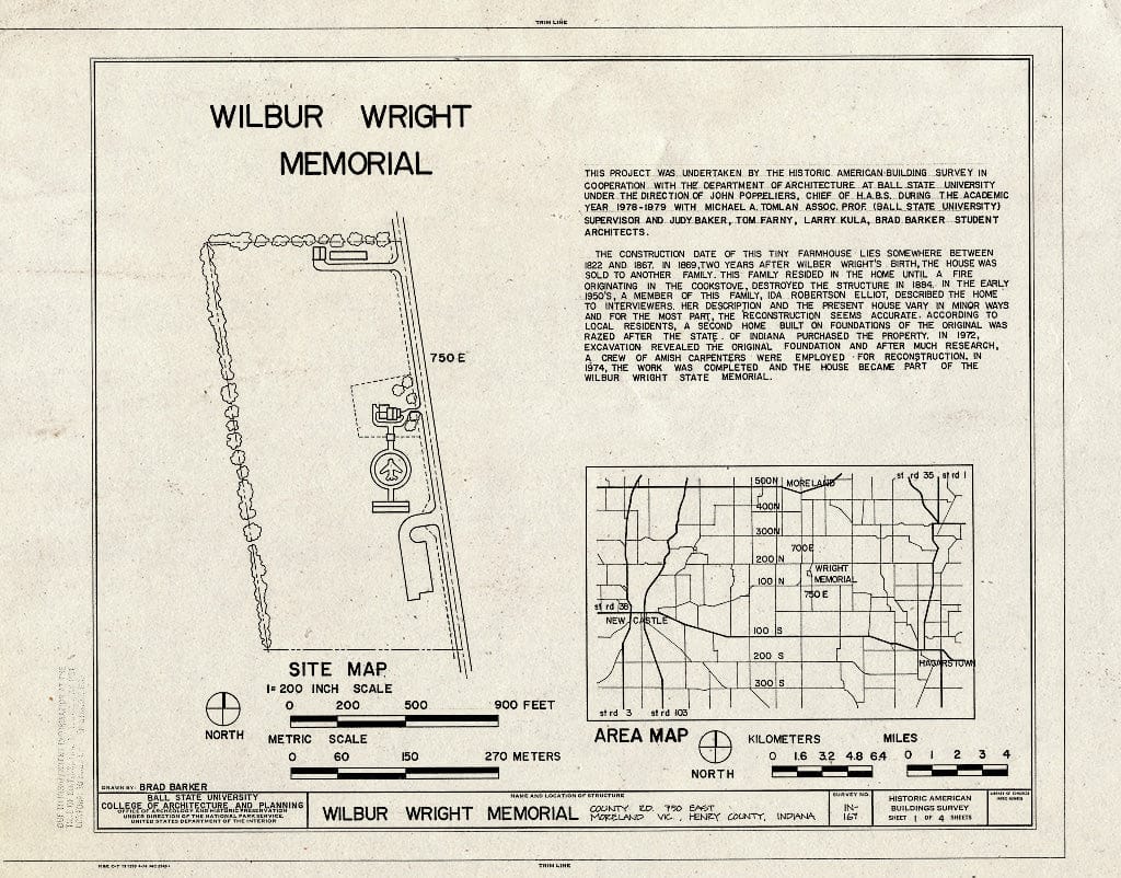 Blueprint HABS IND,33-MOOR.V,1- (Sheet 1 of 4) - Wilbur Wright State Memorial, County Road 750 East, Mooreland, Henry County, in
