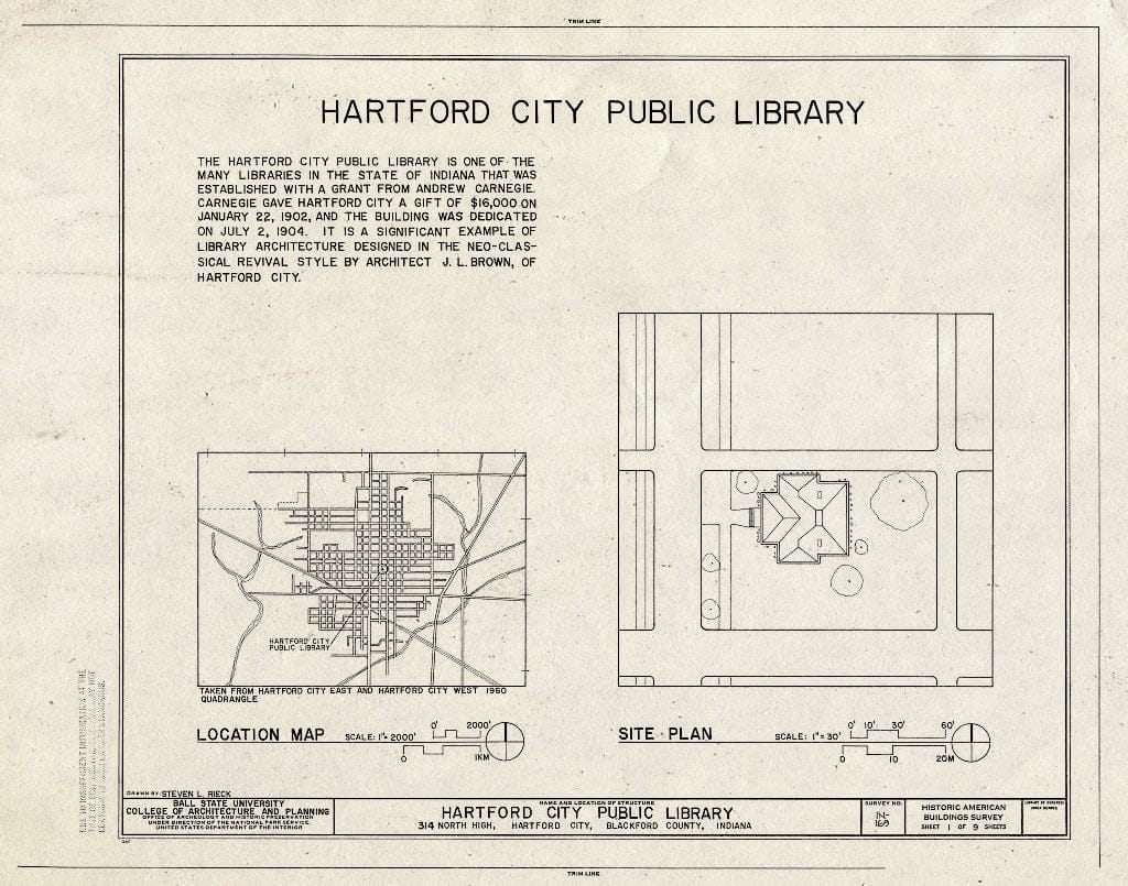 Blueprint HABS IND,5-HARCI,1- (Sheet 1 of 9) - Hartford City Public Library, 314 North High Street, Hartford City, Blackford County, in