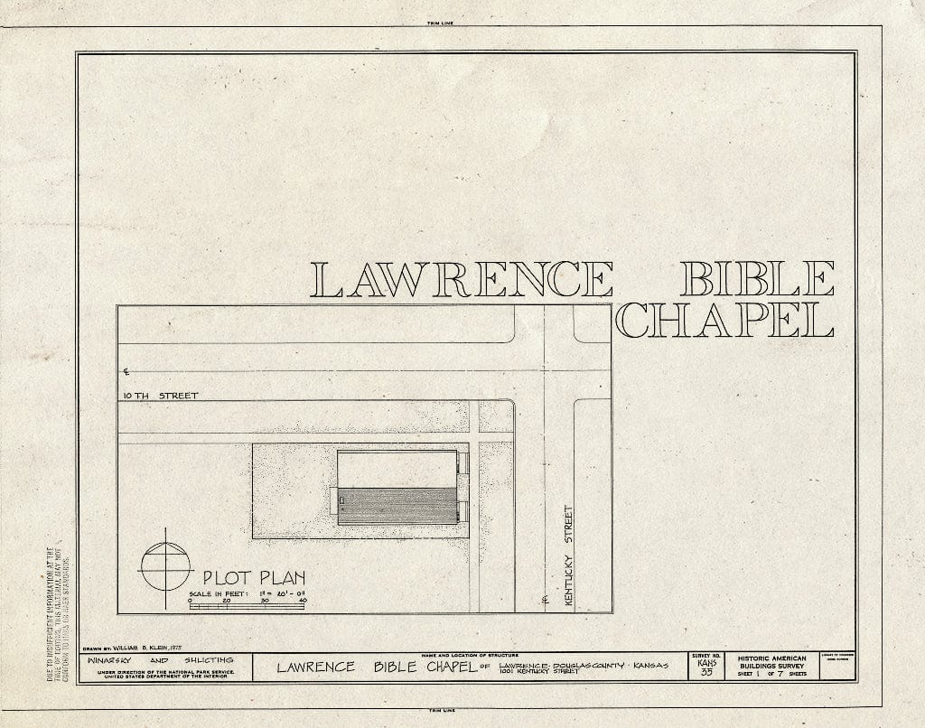 Blueprint HABS KANS,23-LAWR,6- (Sheet 1 of 7) - Lawrence Bible Chapel, 1001 Kentucky Street, Lawrence, Douglas County, KS