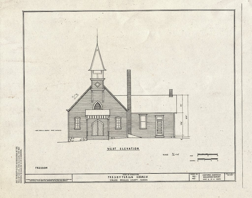 Blueprint HABS KANS,23-VIN,1- (Sheet 3 of 11) - Presbyterian Church, Vinland, Douglas County, KS