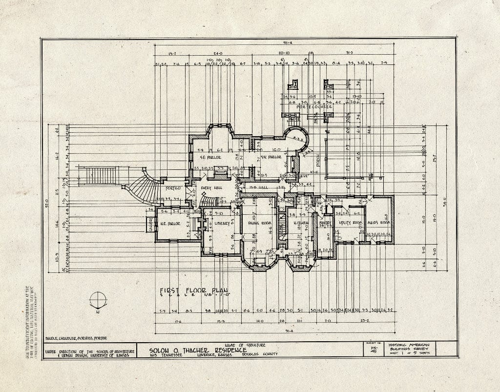 Blueprint HABS KANS,23-LAWR,10- (Sheet 1 of 5) - Solon O. Thacher House, 1613 Tennessee Avenue, Lawrence, Douglas County, KS