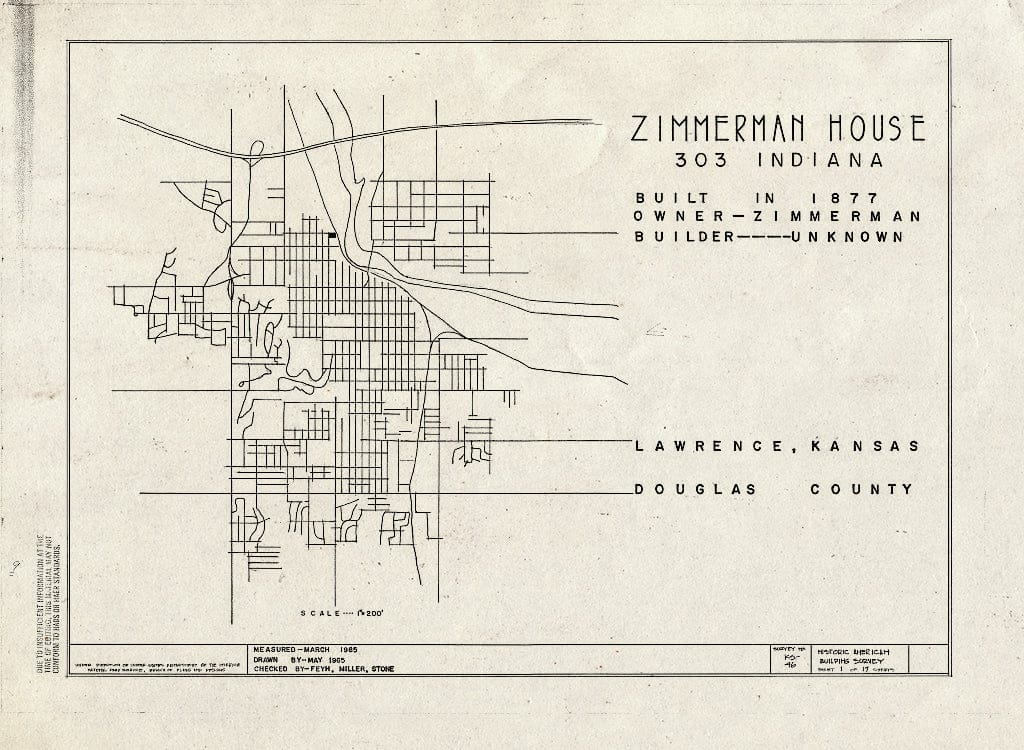 Blueprint HABS KANS,23-LAWR,11- (Sheet 1 of 17) - Zimmerman House, 303 Indiana Street, Lawrence, Douglas County, KS