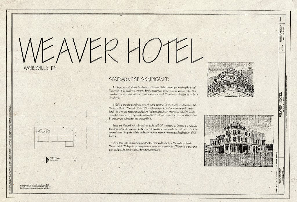 Blueprint HABS KS-80 (Sheet 1 of 9) - Weaver Hotel, 126 South Kansas Street, Waterville, Marshall County, KS
