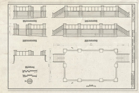 Blueprint 2. Elevations, Plan, and Section - Fort Scott National Cemetery, Rostrum, 900 East National Avenue, Fort Scott, Bourbon County, KS