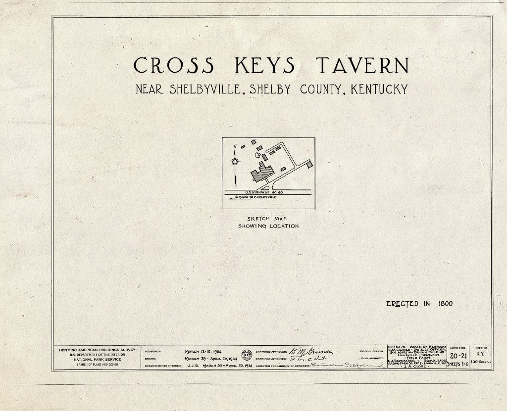 Blueprint HABS KY,106-SHELB.V,1- (Sheet 0 of 6) - Cross Keys Tavern, U.S. Route 60, Shelbyville, Shelby County, KY