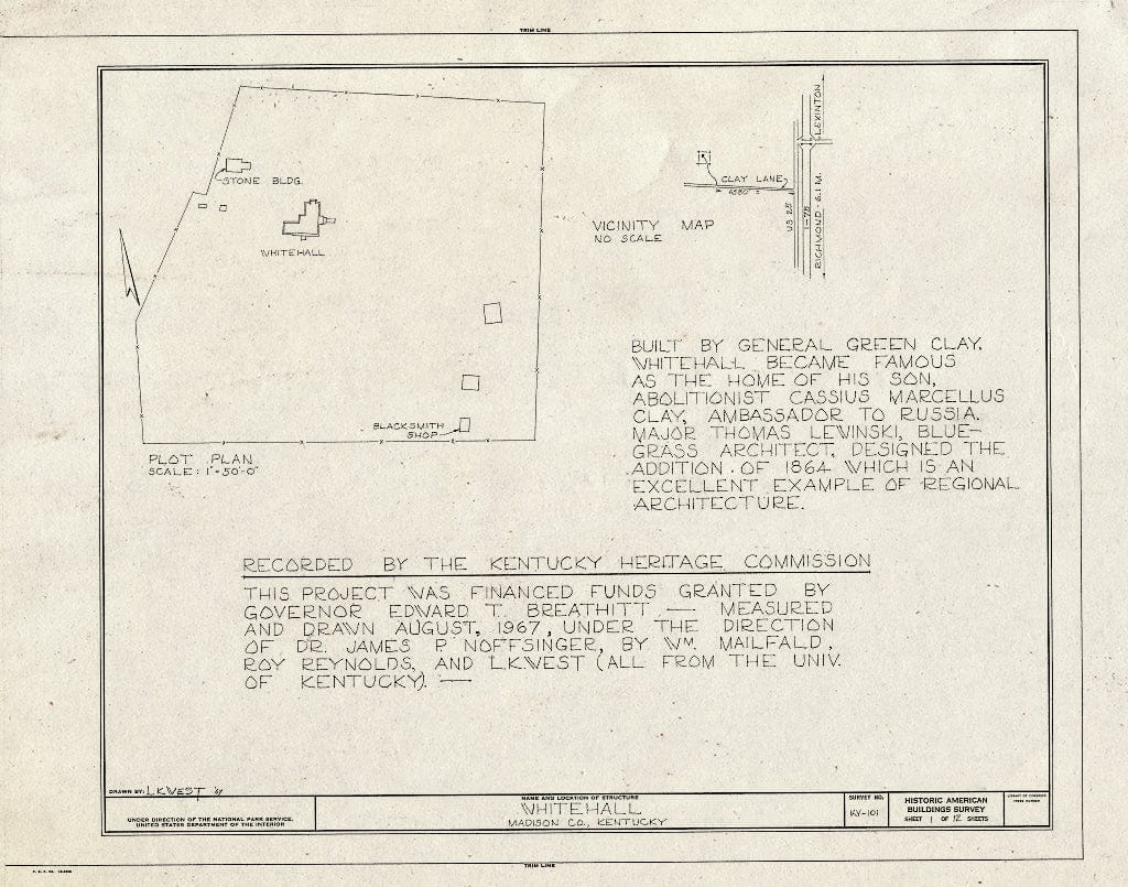 Blueprint HABS KY,76-WHAL,1- (Sheet 1 of 12) - Whitehall, Clay Lane, Richmond, Madison County, KY
